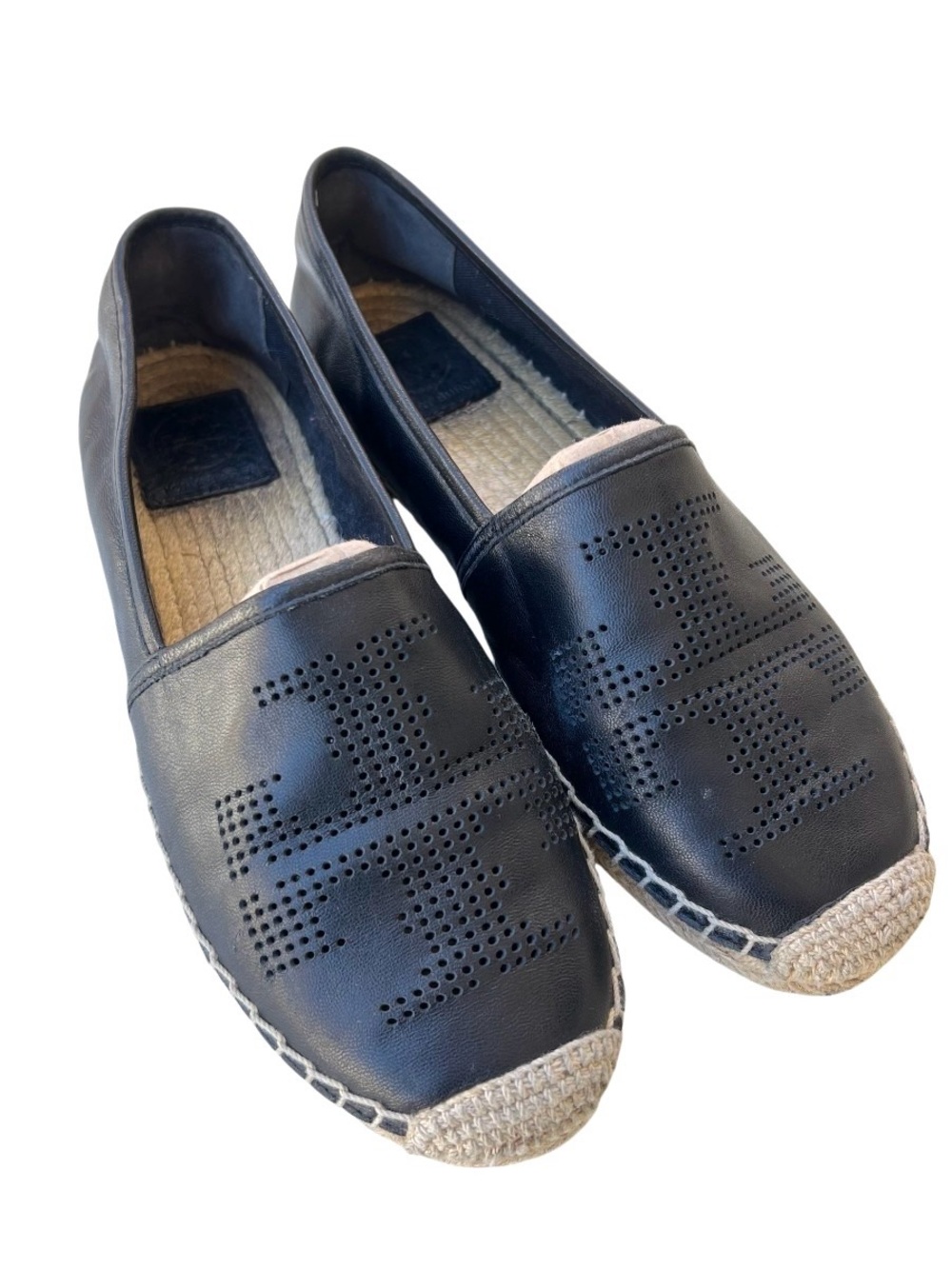 Tory Burch Ines Black Leather Perforated Logo Espadrille Flats Women’s Size 8M